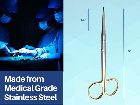 5" ARTMAN INSTRUMENTS Scissors Straight | Tungsten Carbide Inserts Extra Sharp | Gold-Plated Handle | Dental, Surgical