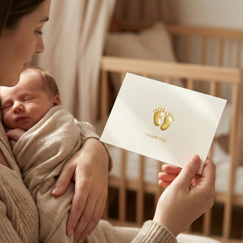 50-Pack 4x6 Inch 300gsm Crisky Embossed Footprint Baby Shower Thank You Cards - Heavy Cardstock with Gold Foil