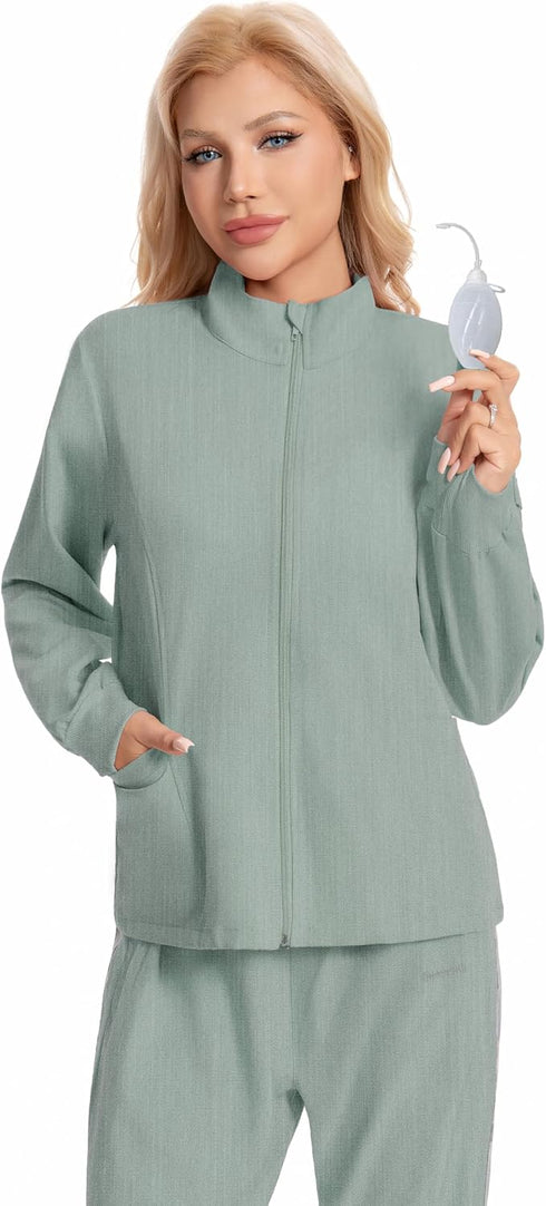 Milarlv 4 Mastectomy Zip Jacket Coat with Drain Pockets After Post Breast Surgery Lightweight Warm Up Tops Shirt