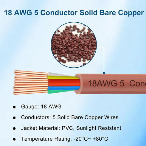 18AWG 18/5 5 25FT Thermostat Wire Solid Copper Conductor Low Voltage HVAC Cable for Thermostats, Alarm Systems