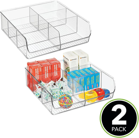 6 Closets, 2 Pack mDesign Plastic Home Office Wide Bin Organizer with Compartments for Cabinets, Drawers, Desks