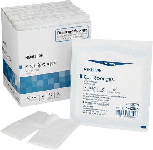 4x4 Inch (100 2 6-Ply 2 Pack McKesson Sterile Drainage Sponges Sponges, Boxes) Pre-Slit Surgical Drain Gauze Pads Split