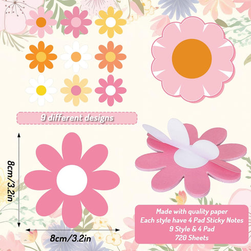 Whaline 36Pcs Boho Groovy Retro Hippie Daisy Flower Sticky Notes 9 Designs Floral Self-Stick Note Pads Colorful Removable Notepads for Reminder Stationery Studying School Office Home Supplies