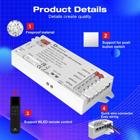 ESP32 5 1 12-24V Dimmer GLEDOPTO PWM WLED LED Controller Modes in DC WiFi Wireless App Control Easy Wiring DIY Static