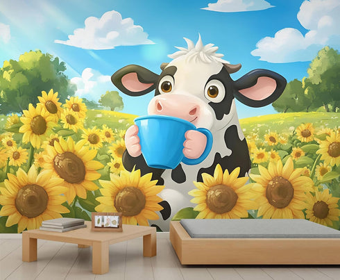 FELIAOQ Cartoon Dairy Cow Mural Wallpaper, Cute Dairy Cow Murals, Sunflower Flowers Murals, Wallpaper for Living Room