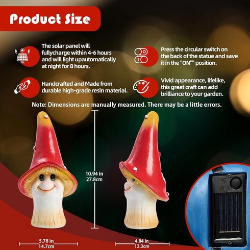 Solar Garden Large Mushroom Decor Outdoor Statue - Mushroom with LED Waterproof Sculptures Lights, Cute Mushroom