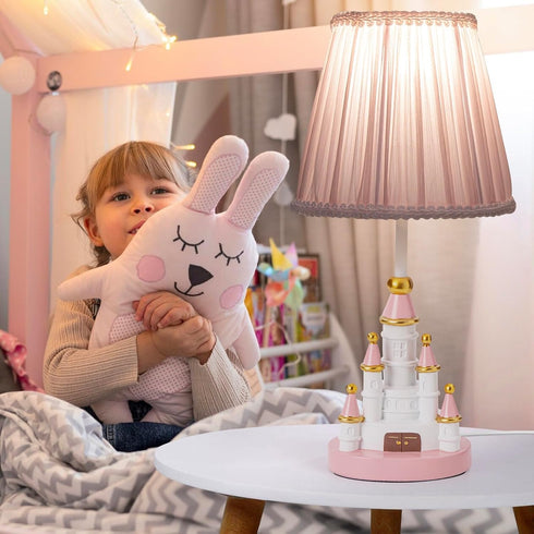 HERBESTBAY 14 Inch Bulb Kids Table Lamp, Adorable Castle Style Kids Desk Lamp, Pink Bedside Lamp Ideal for Girls
