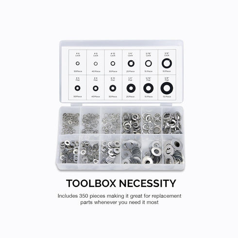 NEIKO 50400A Stainless Steel Lock and Flat Washer Assortment - 350 Piece Set, 12 Different Sizes in Spring Lock and