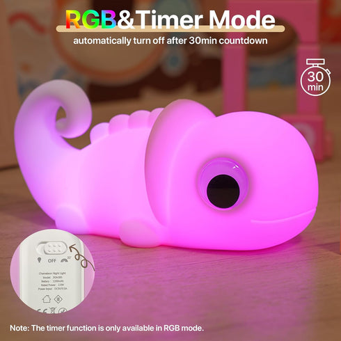 3 Dimmable Cute Chameleon Night Light for Kids Rechargeable, Battery Operated Nightlight Level with RGB&Timer, Silicone
