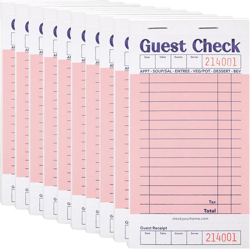 Stock Your Home Pink Guest Check Books for Servers (10 Pack) Server