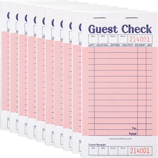 Stock Your Home Pink Guest Check Books for Servers (10 Pack) Server