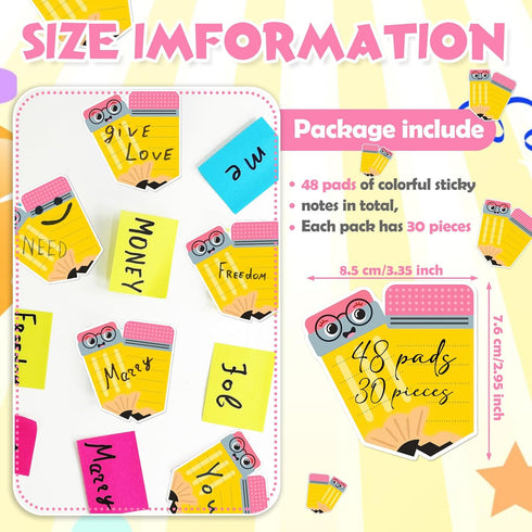 Janlaugh 48 Pads 1440 Sheets Teachers Sticky Notes, Pencil Shaped Note Pads, Cute Self Adhesive Memo Pads for Kids