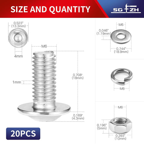 M6 x 18mm Flanged Button Head Socket Cap Screws, 20Pcs Stainless Steel Bolts, Nuts, Washers by SG TZH