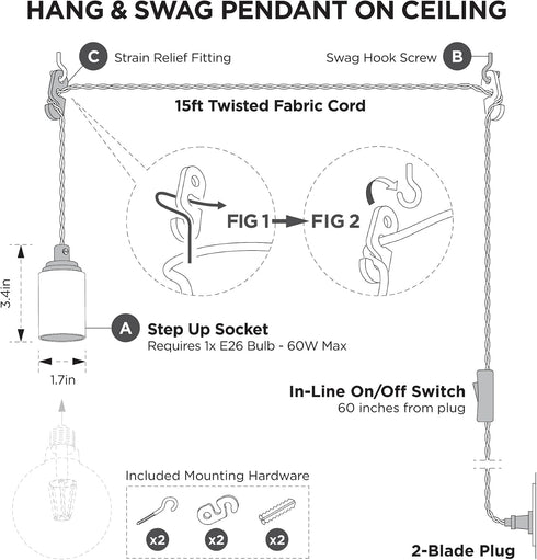 15Ft (BP0030-1BP) BRIGHTTIA - Matte Black Plug-in Pendant Light - Portable Industrial Vintage Lamp with Twisted Fabric