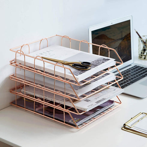 Jolitac Rose Gold 4-Tier Stackable Paper Tray Desk Organizer, Decorative Stacking Rack for File Documents in Home &
