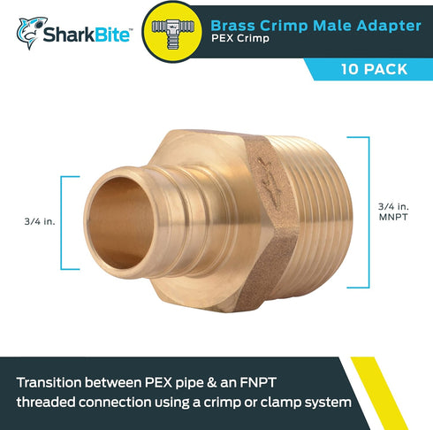 SharkBite 3/4 Inch Crimp MNPT Male Adapter, Pack of 10, Brass Plumbing Fitting for PEX Pipe