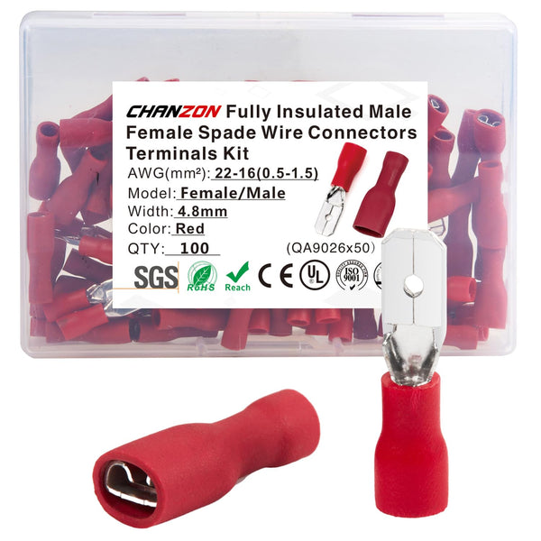 Chanzon 100pcs UL Listed 3/16" 4.8mm Male & Female Spade Connector Quick Disconnect Kit, Red Semi-Insulated PVC