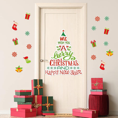 Whaline 105Pcs Christmas Bulletin Board Decoration Kit with Xmas Tree Snowflake Paper Cutouts and Border Stickers