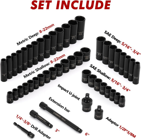 3/8" Set, 49 (5/16-Inch 3/4-Inch 8-22 mm), 6 Set CASOMAN Drive Impact Socket Piece Standard SAE and Metric Sizes