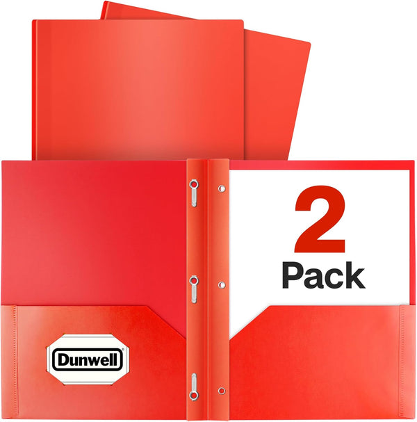Dunwell Plastic 2-Pocket Folders with 3 Prongs, 2 Pack, Red, Durable Acid-Free Document Holder