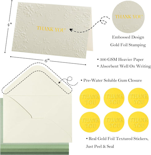Green),50 Pack Crisky Bridal Shower Thank You Cards with Envelopes(Sage Embossed Floral Thank You Cards for Wedding