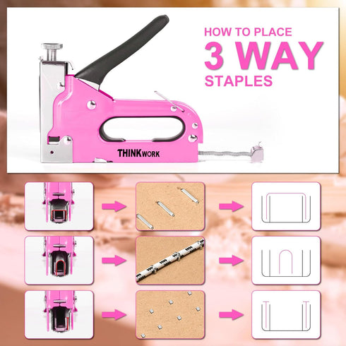 THINKOWRK 3 in 1 Staple Gun, Light Pink Staple Guns/Home Use Upholstery with 900 Staples, Nail Gun for Wood, Cable, Fabric, Wall, Material Repair, DIY Manual Stapler