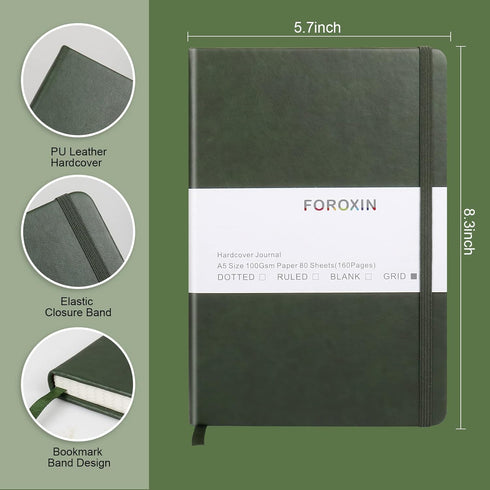 Grid Journal Bullet Notebook - Dark Green Leather Cover, 8.3 x 5.7Inch, 160 Pages, 100gsm Paper, Hardcover with Inner Pocket, Elastic Closure and Ribbon Bookmark, Great for Women and Men by foroxin