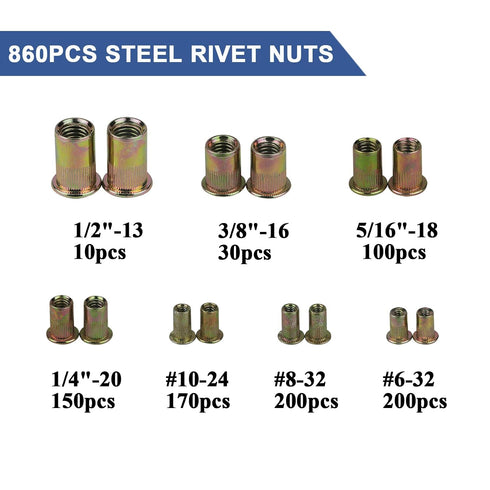 TR TOOLROCK 860pcs 6#-32, 8#-32, 10#-24, 1/4"-20, 5/16"-18, 3/8"-16, 1/2"-13, Rivet Nut Kit, SAE UNC Rivet Nuts