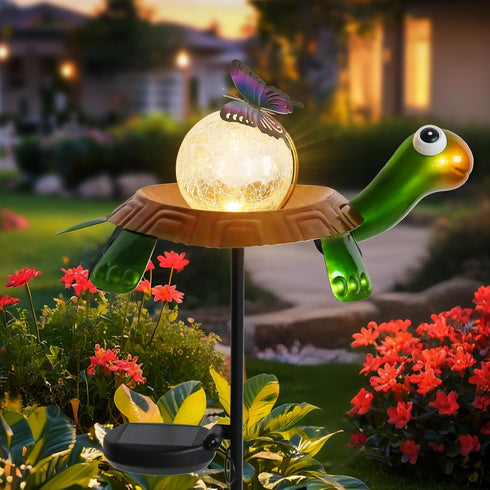 Afirst Solar Lights Outdoor Decorative Metal Turtle Crackle Glass Globe with Butterfly Warm White LED Metal Waterproof
