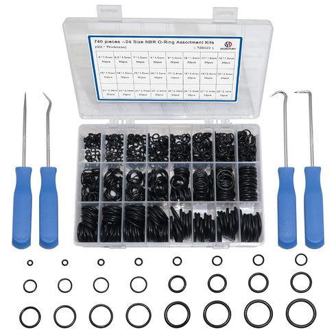 740pc Universal O Rings Assortment in 24 Sizes with 4pc Tools for Faucet Plumbing Automotive Repair