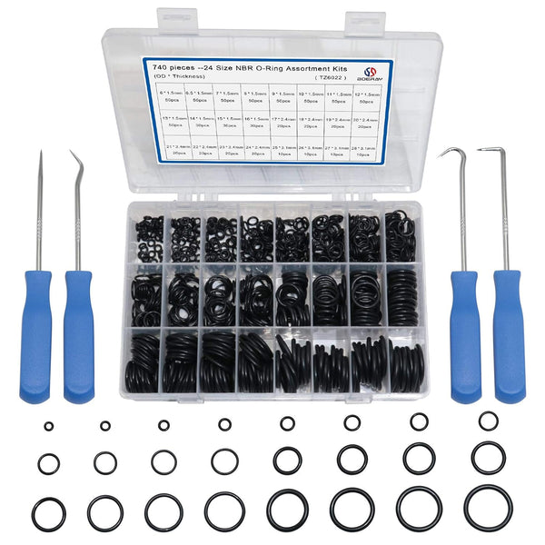 740pc Universal O Rings Assortment in 24 Sizes with 4pc Tools for Faucet Plumbing Automotive Repair
