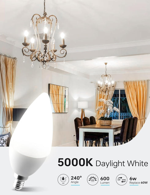 KINDEEP LED Candelabra Light Bulbs, Dimmable 60 Watt Equivalent, Daylight 5000K, E12 Base (6 Pack)