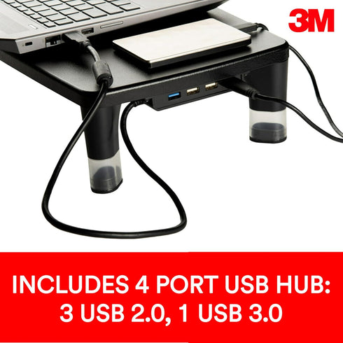 3M 4-Port Adjustable Monitor Stand with USB Hub, Black, Great for Computer Monitors, Laptops, TVs, Speakers, Printers