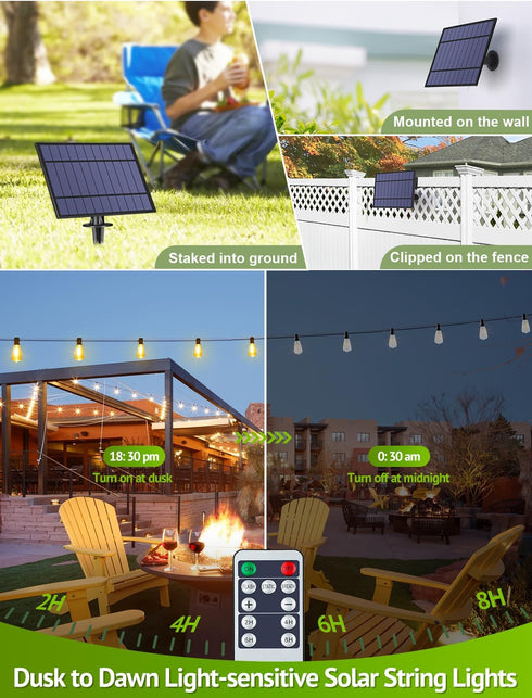 48FT Dimmable 15+1 ST38 Bulbs 3 Larkvue Solar String Lights Outdoor with Remote, Waterproof Patio Lights with LED Modes