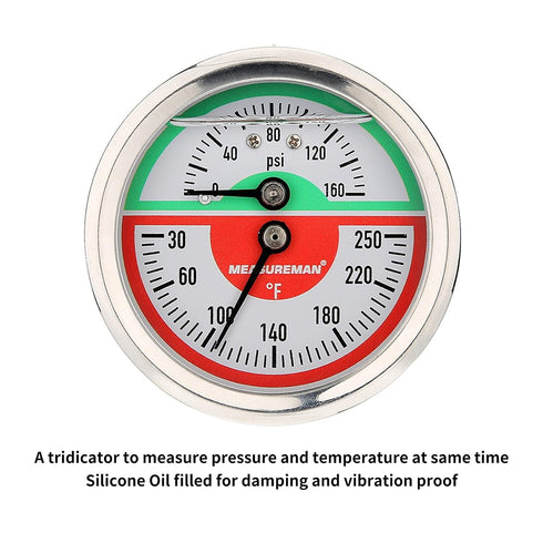 MEASUREMAN Tridicator, Thermo-Manometer, 2-1/2", Silicone Oil Filled, 0-160psi/30-250 deg F, Stainless Steel Case