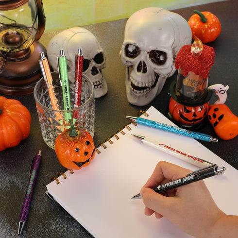 Sherr 7 Pcs Halloween Weekday Pens, Glitter Fancy Funny Ballpoint Pens with 10 Pcs Black Ink Refills for Office