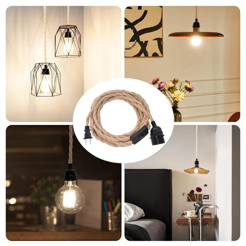 eivtokn 15FT E26 E27 Decor-2 Pack Plug in Pendant Light Cord, Industrial Hanging Light Kit with Hemp Rope, Light Socket