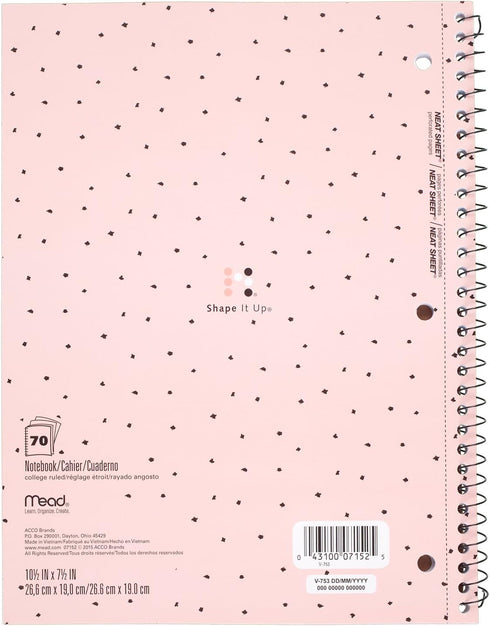 Mead Spiral Notebook, 1 Subject, 70 Sheets, College Ruled Paper, 10-1/2" x 7-1/2", Shape It Up, 1 Notebook (07152)