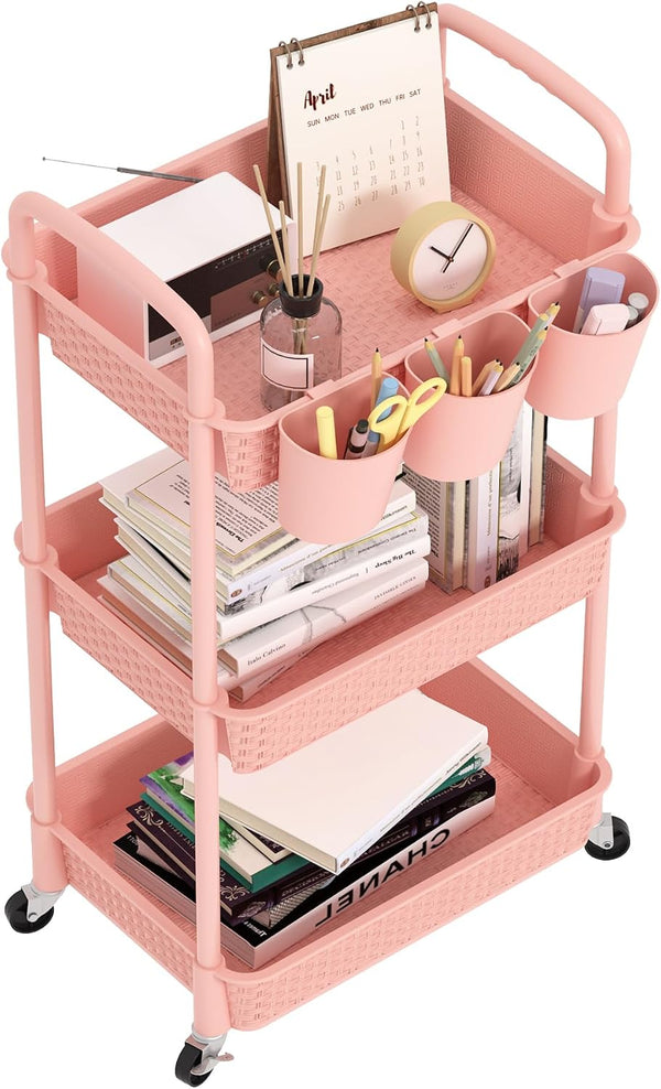 MOYIPIN 3-Tier Plastic Rolling Utility Cart with Handle,Utility Storage Cart for Office, Living