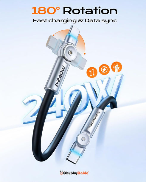 240W 180 6.6ft chubbycable Chubby RotateX Dual Rotating Fast Charging Cable with LED Light Soft Silicone USB C Cable