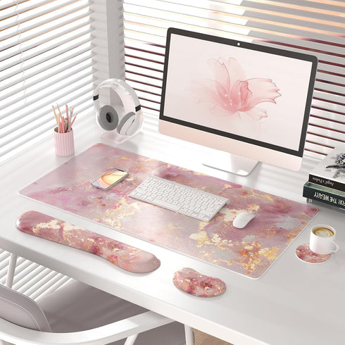 QiyI Set, 4-in-1 Leather Desk Mat Large Mouse Pad with Wrist Rest, Non-Slip Desk Pad + Keyboard Wrist Rest + Mouse