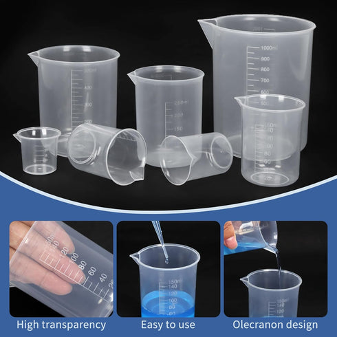 Twdrer 7 Sizes Plastic Beaker Set, Clear Measuring Graduated Liquid Container Beakers with 20 PCS Plastic Droppers