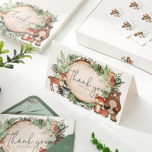 50 Packs JarThenaAMCS Woodland Thank You Cards Woodland Animal Watercolor Greeting Cards Boxed with Envelopes