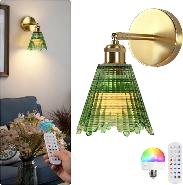 Vintage Battery Operated Wall Sconce with Green Crystal Grid Glass Lampshade Rechargeable