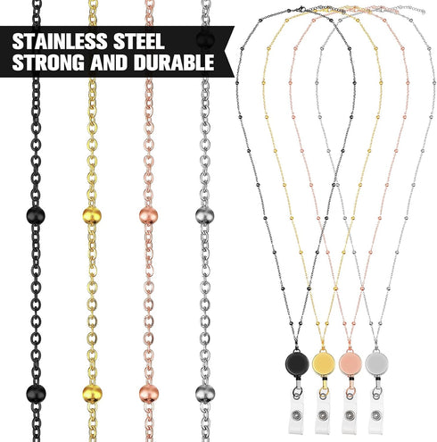 Zonon 4 Pieces Badge Lanyard with ID Holders Stainless Steel Badge Holders Necklace Retractable Reel Clip Chain