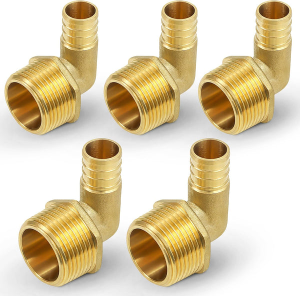 SUPPLY GIANT QYNM3410-5 PEX Barb X MIP 90 Degree Elbow Pipe Fitting, 3/4'' x 1, Brass, Pack of 5