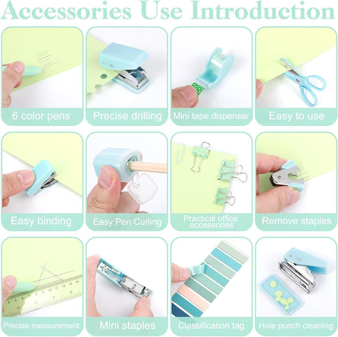 Mini Office Supplies, Turquoise Green School Supplies with Sticky Notes, Mini Stapler, Tape Dispenser, and More
