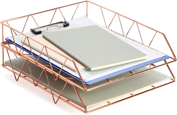 Paper Junkie 2 Pack Metal Rose Gold Desk Organizer, Letter, File, and Document Holder (10 x 12 in)