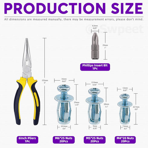 Swpeet 62Pcs M4 M5 M6 Jack Nuts with Long Needle Nose Pliers and Phillips Insert Bit for Hollow Wall Fixings