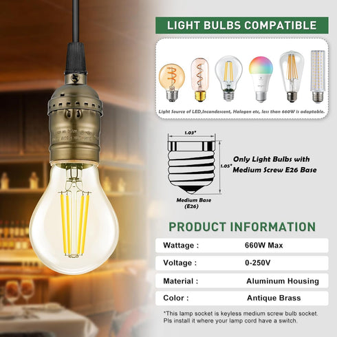 E26 (2, Keyless Lamp Socket, Standard Medium Screw Vintage Light Socket, Edison Lamp Socket Holder Replacement, No